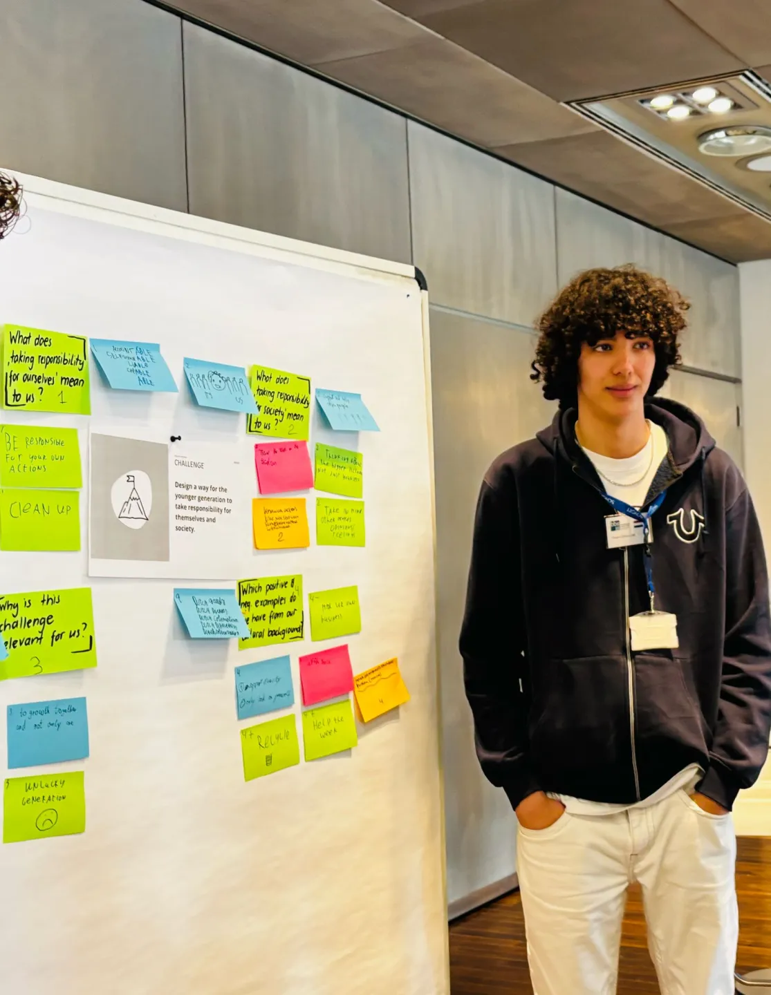 Yousri staat bij Design Thinking bord