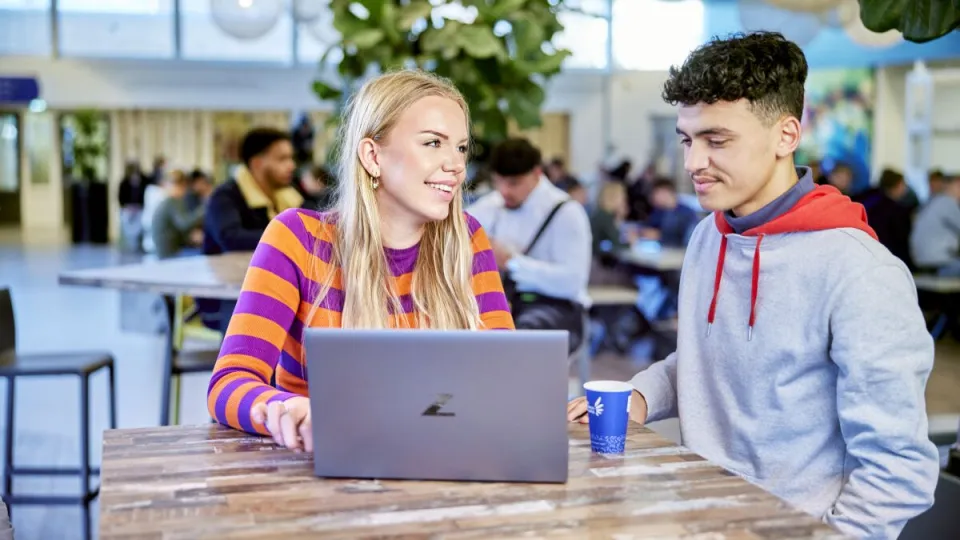 Twee studenten bij elkaar achter laptop
