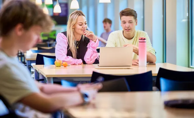 Twee studenten werken samen achter een laptop in een schoolkantine, terwijl een andere student op de voorgrond bezig is.
