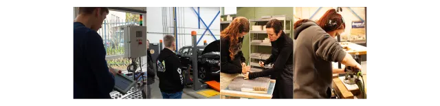 Studenten aan het werk tijdens een workshop: met machines, auto’s, bouwmaterialen en houtbewerking.