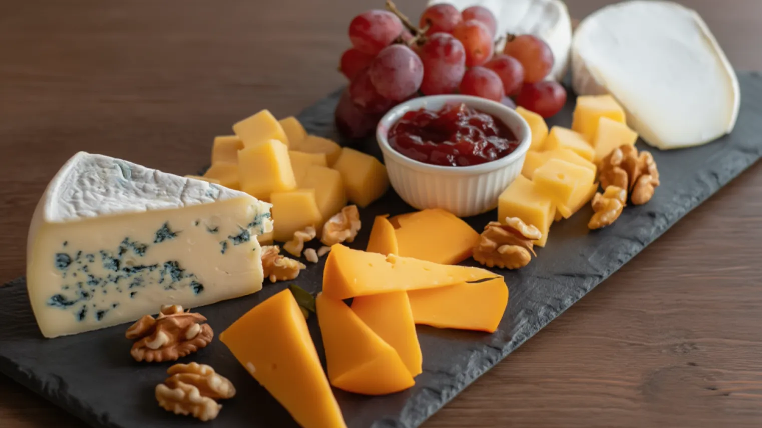 Kaasplank met verschillende soorten kaas, druiven en walnoten.