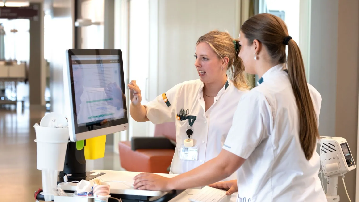Studenten Verpleegkunde bekijken monitor in ziekenhuisgang.