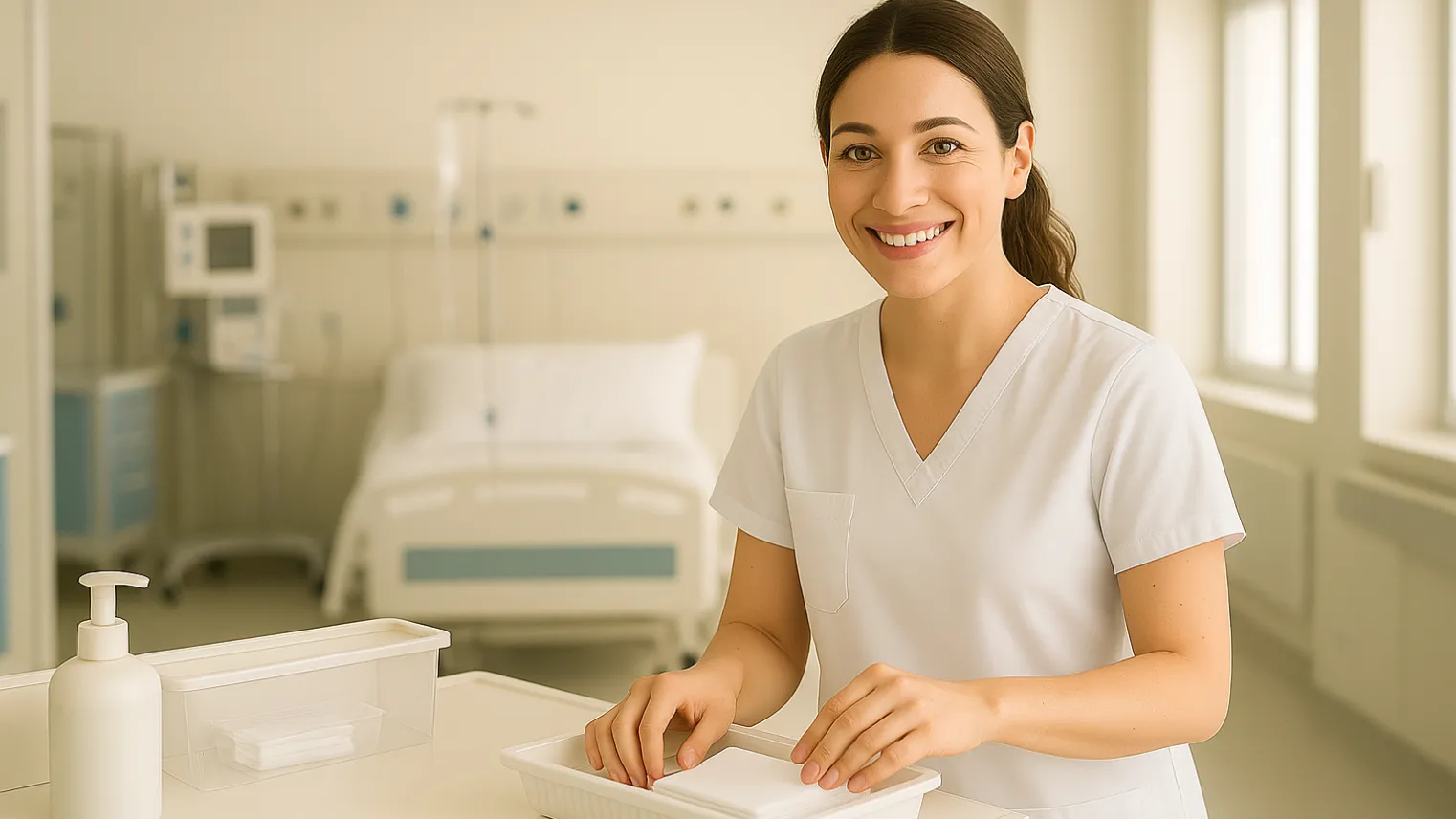 Een verpleegkundige staat voor ziekenhuisbed en kijkt in de camera.