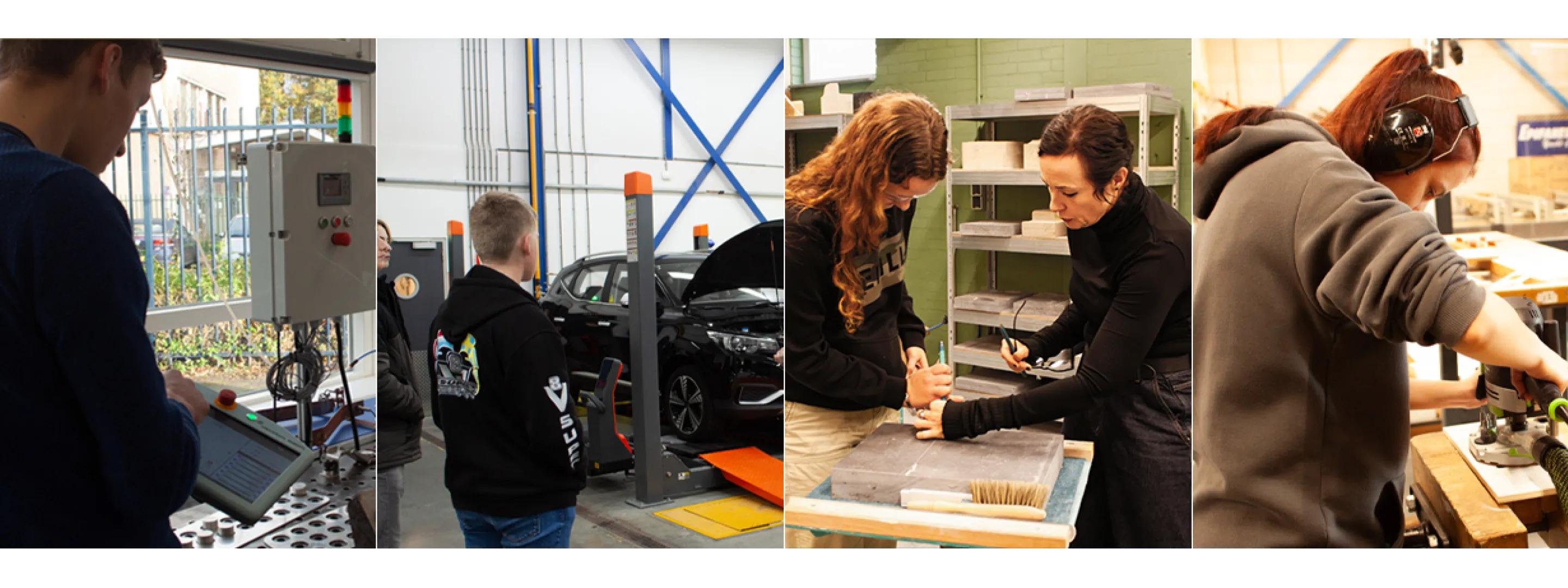 Studenten aan het werk tijdens een workshop: met machines, auto’s, bouwmaterialen en houtbewerking.